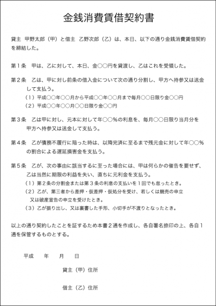 細かな要素を盛り込んだ、金銭消費賃貸契約書