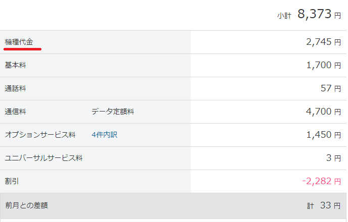 ソフトバンクの例。赤線を引いてあるのが「分割代金」、その他が「通話サービス料金」となります。