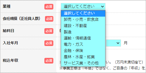 アイフル、実際の申し込みフォームより