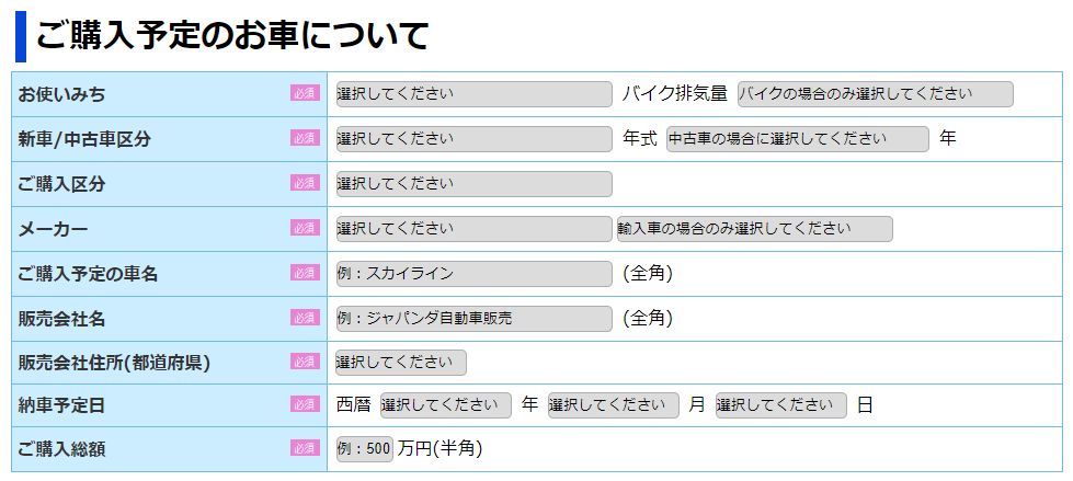 実際の申し込み画面
